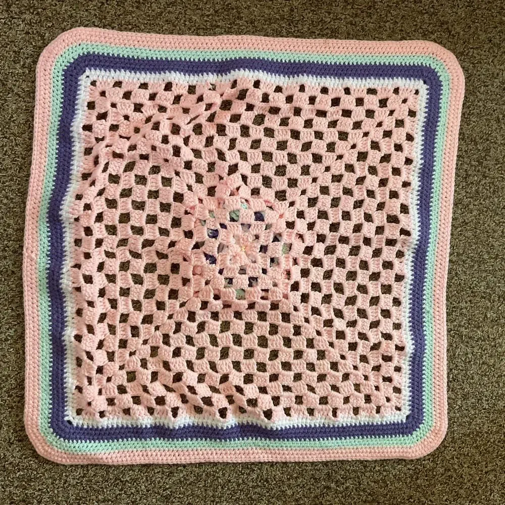 Handmade Crochet Baby Blanket Pink Pastel Flower Granny Square 29x29